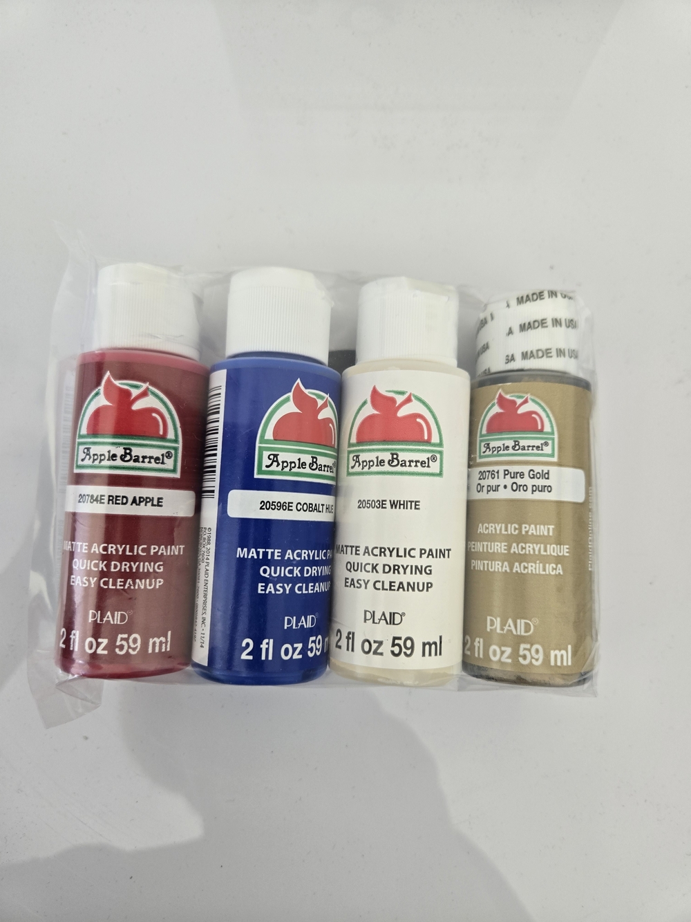 Apple Barrel Acrylic Paint Set - Red Apple, Cobalt Blue, White, Pure Gold